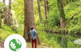 A person standing beside a river in a wooded area, looking up at a large tree. The scene includes green foliage, tall trees, and a river, with a circular green leaf logo overlay in the lower-left corner.